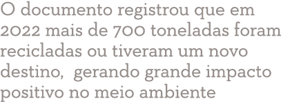O documento registrou que em 2022 mais de 700 toneladas foram recicladas ou tiveram um novo destino, gerando grande i...